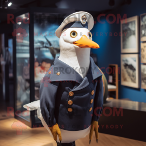 Navy Seagull mascot costume character dressed with a Vest and Berets