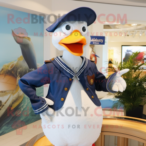 Navy Seagull mascot costume character dressed with a Vest and Berets