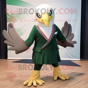 Forest Green Bald Eagle mascot costume character dressed with a Circle Skirt and Bow ties