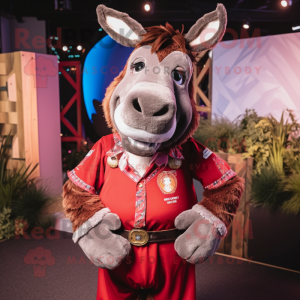 Maroon Donkey mascot costume character dressed with a Waistcoat and Necklaces