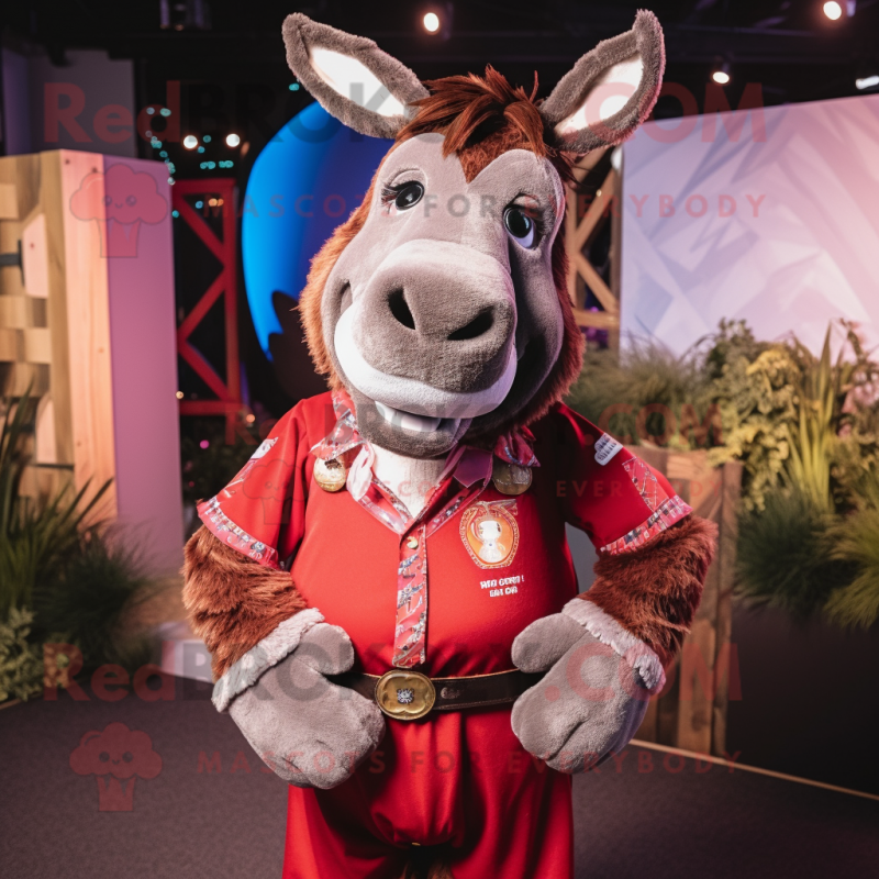 Maroon Donkey mascot costume character dressed with a Waistcoat and Necklaces Maroon Donkey mascot costume character dressed with a Waistcoat and Necklaces