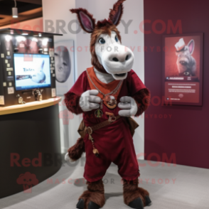 Maroon Donkey mascot costume character dressed with a Waistcoat and Necklaces