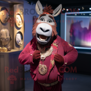 Maroon Donkey mascot costume character dressed with a Waistcoat and Necklaces