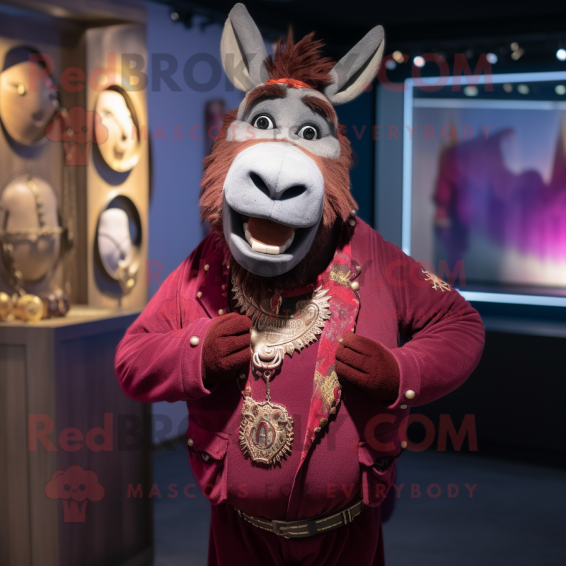 Maroon Donkey mascot costume character dressed with a Waistcoat and Necklaces Maroon Donkey mascot costume character dressed with a Waistcoat and Necklaces