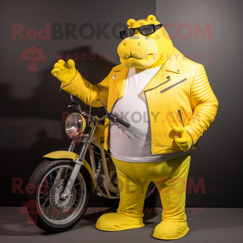 Lemon Yellow Hippopotamus mascot costume character dressed with a Biker Jacket and Cummerbunds