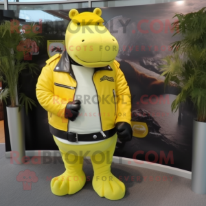 Lemon Yellow Hippopotamus mascot costume character dressed with a Biker Jacket and Cummerbunds