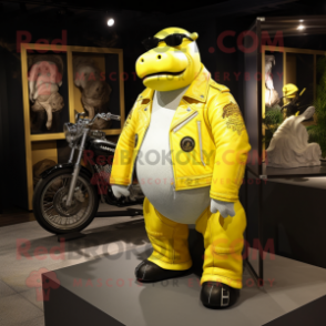 Lemon Yellow Hippopotamus mascot costume character dressed with a Biker Jacket and Cummerbunds