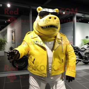 Lemon Yellow Hippopotamus mascot costume character dressed with a Biker Jacket and Cummerbunds