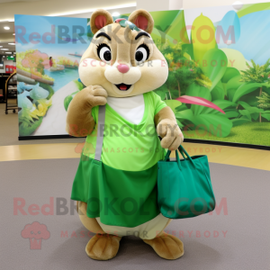 Olive Chipmunk mascot costume character dressed with a Maxi Skirt and Handbags