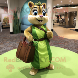 Olive Chipmunk mascot costume character dressed with a Maxi Skirt and Handbags