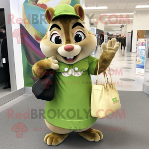 Olive Chipmunk mascot costume character dressed with a Maxi Skirt and Handbags