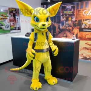 Lemon Yellow Chupacabra mascot costume character dressed with a Jeans and Wraps