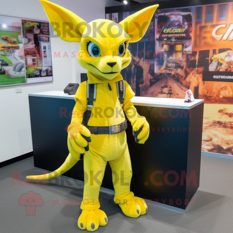 Lemon Yellow Chupacabra mascot costume character dressed with a Jeans and Wraps