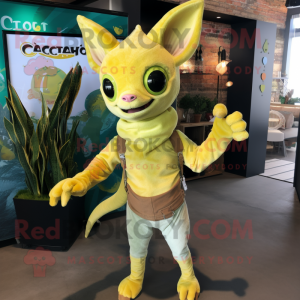 Lemon Yellow Chupacabra mascot costume character dressed with a Jeans and Wraps