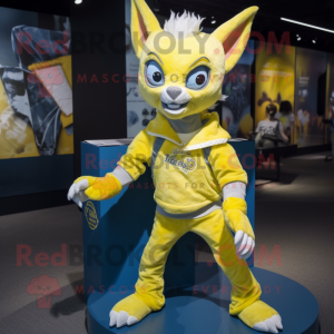 Lemon Yellow Chupacabra mascot costume character dressed with a Jeans and Wraps