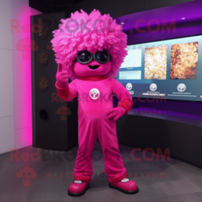 Magenta Pop Corn mascot costume character dressed with a Jumpsuit and Digital watches