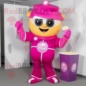 Magenta Pop Corn mascot costume character dressed with a Jumpsuit and Digital watches