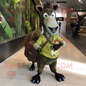 Olive Okapi mascot costume character dressed with a Jeans and Messenger bags