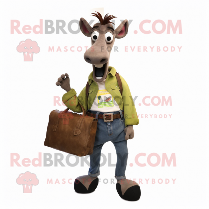 Olive Okapi mascot costume character dressed with a Jeans and Messenger bags