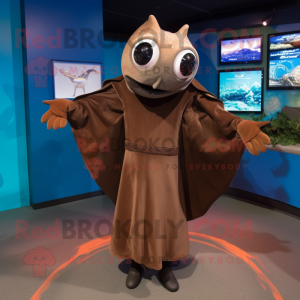 Brown Manta Ray mascot costume character dressed with a Shift Dress and Gloves