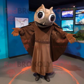 Brown Manta Ray mascot costume character dressed with a Shift Dress and Gloves