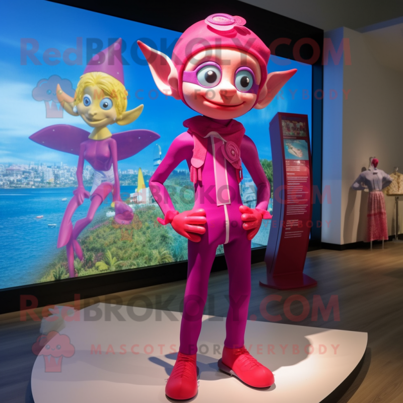 Magenta Elf mascot costume character dressed with a One-Piece Swimsuit and Bow ties Magenta Elf mascot costume character dressed with a One-Piece Swimsuit and Bow ties