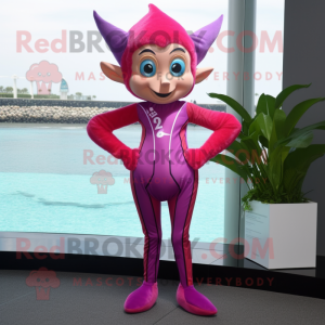 Magenta Elf mascot costume character dressed with a One-Piece Swimsuit and Bow ties