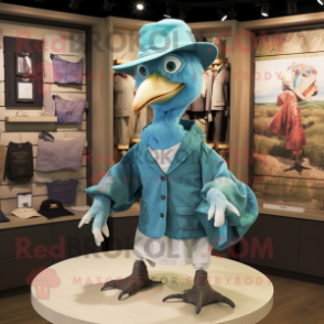 Turquoise Archeopteryx mascot costume character dressed with a Oxford Shirt and Hat pins