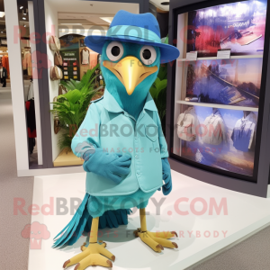 Turquoise Archeopteryx mascot costume character dressed with a Oxford Shirt and Hat pins