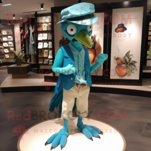 Turquoise Archeopteryx mascot costume character dressed with a Oxford Shirt and Hat pins