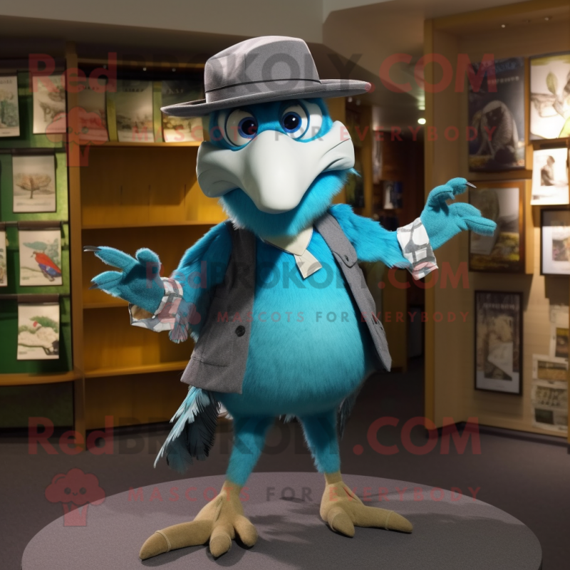 Turquoise Archeopteryx mascot costume character dressed with a Oxford Shirt and Hat pins Turquoise Archeopteryx mascot costume character dressed with a Oxford Shirt and Hat pins