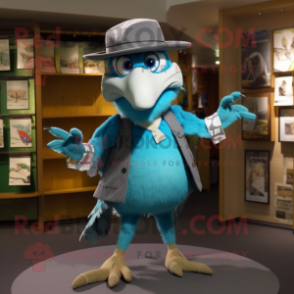 Turquoise Archeopteryx mascot costume character dressed with a Oxford Shirt and Hat pins