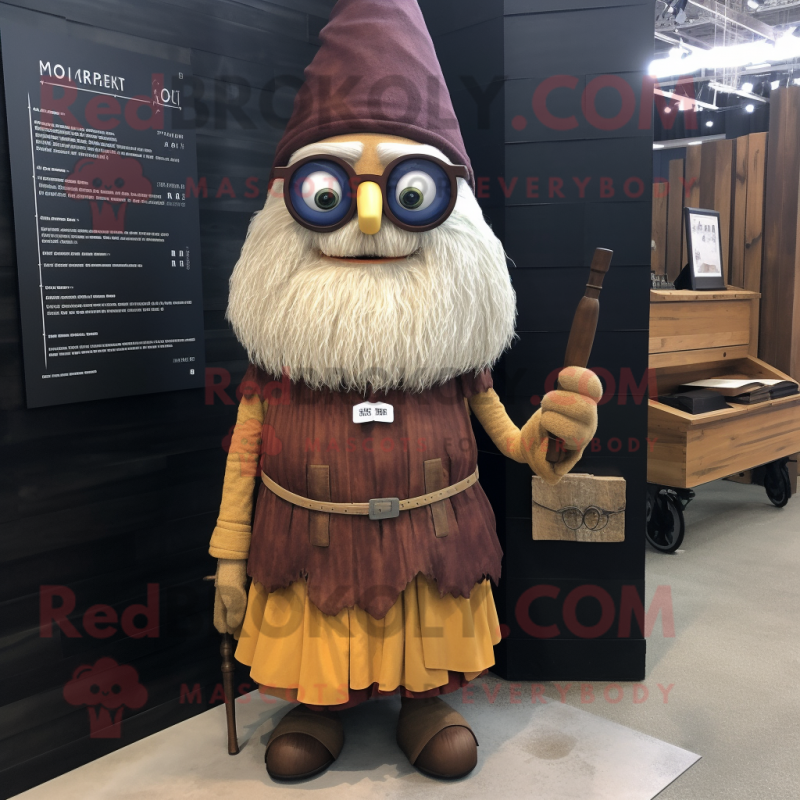 Rust Wizard mascot costume character dressed with a Pencil Skirt and Eyeglasses