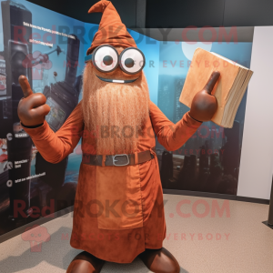 Rust Wizard mascot costume character dressed with a Pencil Skirt and Eyeglasses