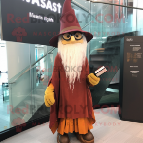 Rust Wizard mascot costume character dressed with a Pencil Skirt and Eyeglasses