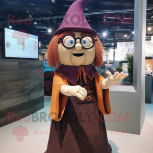 Rust Wizard mascot costume character dressed with a Pencil Skirt and Eyeglasses