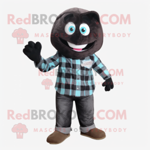 Black Candy mascot costume character dressed with a Flannel Shirt and Ties