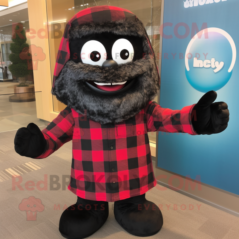 Black Candy mascot costume character dressed with a Flannel Shirt and Ties