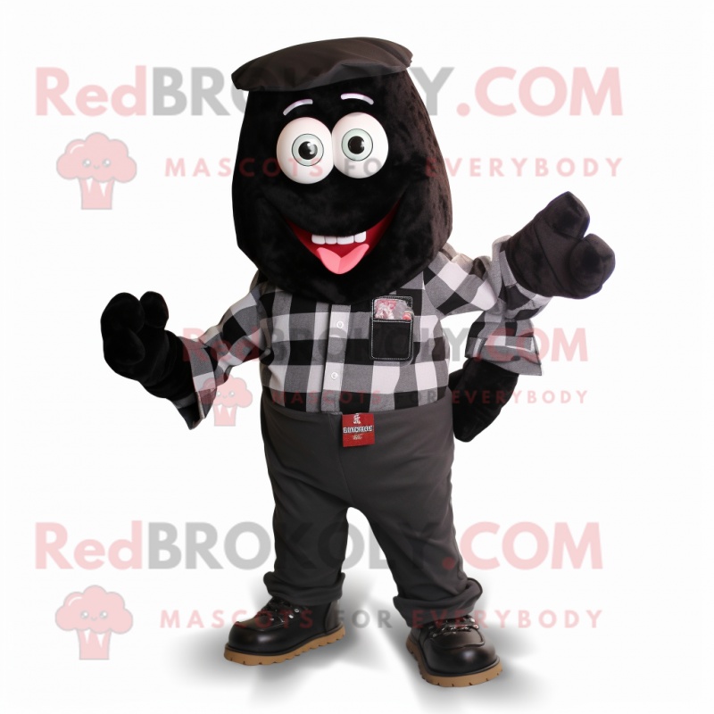 Black Candy mascot costume character dressed with a Flannel Shirt and Ties Black Candy mascot costume character dressed with a Flannel Shirt and Ties