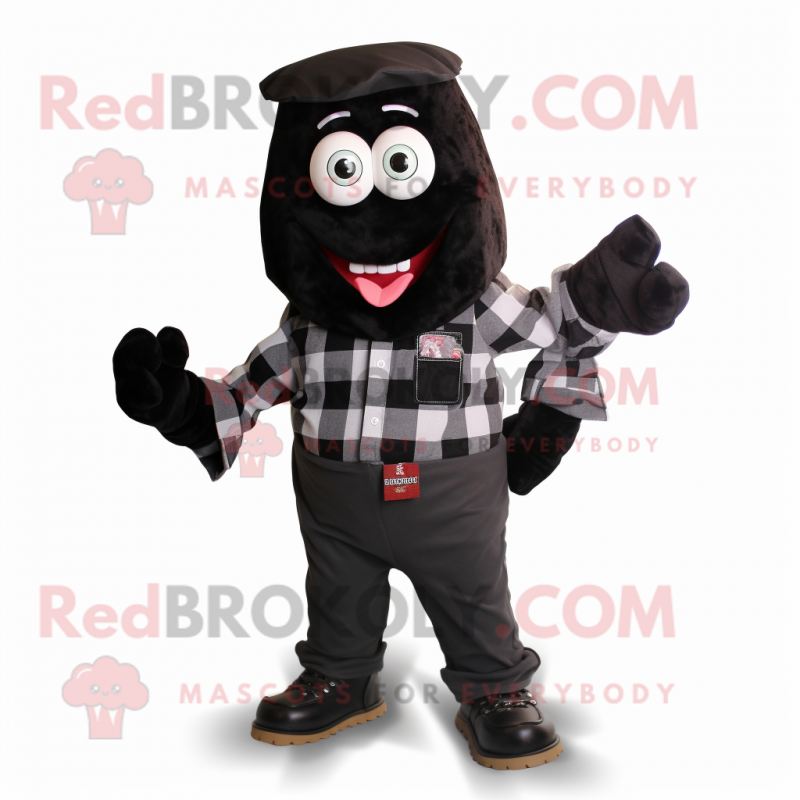 Black Candy mascot costume character dressed with a Flannel Shirt and Ties