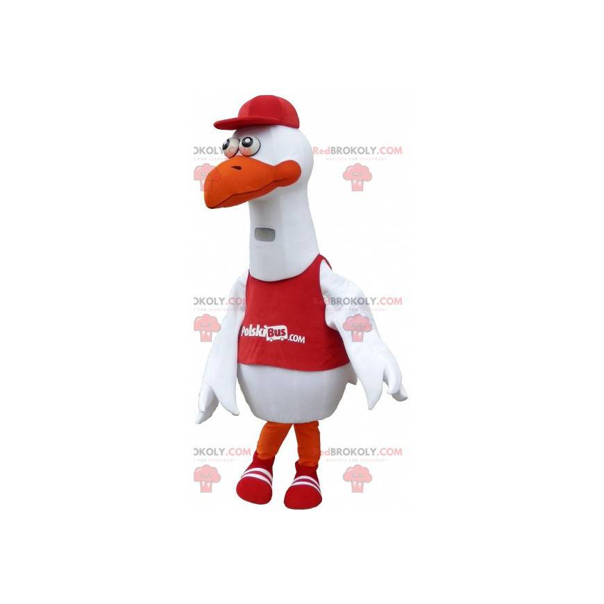 Mascote do pássaro gaivota branca em roupas esportivas -