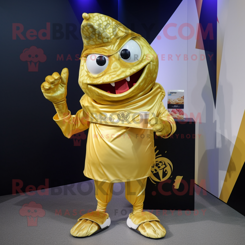 Gold Ceviche mascot costume character dressed with a T-Shirt and Anklets Gold Ceviche mascot costume character dressed with a T-Shirt and Anklets