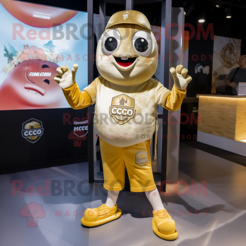Gold Ceviche mascot costume character dressed with a T-Shirt and Anklets Gold Ceviche mascot costume character dressed with a T-Shirt and Anklets