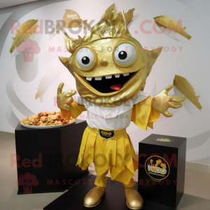 Gold Ceviche mascot costume character dressed with a T-Shirt and Anklets