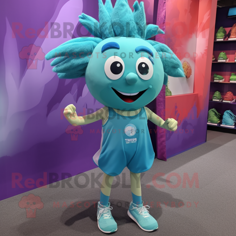 Turquoise Plum mascot costume character dressed with a Running Shorts and Hair clips