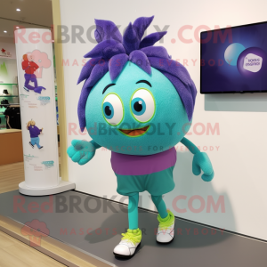 Turquoise Plum mascot costume character dressed with a Running Shorts and Hair clips