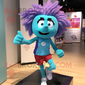 Turquoise Plum mascot costume character dressed with a Running Shorts and Hair clips