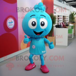 Turquoise Plum mascot costume character dressed with a Running Shorts and Hair clips