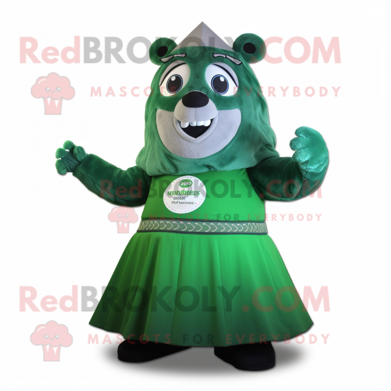 Forest Green Ice mascot costume character dressed with a A-Line Skirt and Rings Forest Green Ice mascot costume character dressed with a A-Line Skirt and Rings