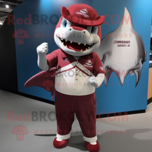Maroon Shark mascot costume character dressed with a Oxford Shirt and Hairpins